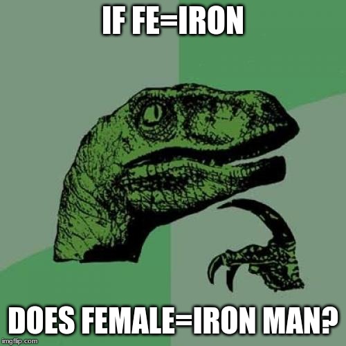 Philosoraptor | IF FE=IRON; DOES FEMALE=IRON MAN? | image tagged in memes,philosoraptor | made w/ Imgflip meme maker