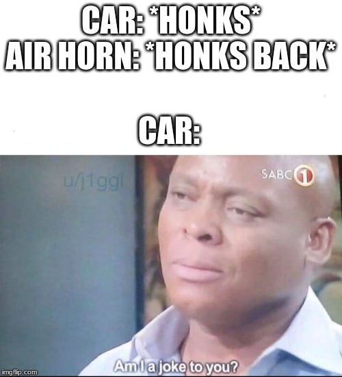 am I a joke to you | CAR: *HONKS*
AIR HORN: *HONKS BACK*; CAR: | image tagged in am i a joke to you | made w/ Imgflip meme maker