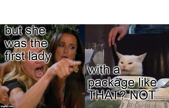 Woman Yelling At Cat Meme | but she was the first lady; with a package like THAT? NOT | image tagged in memes,woman yelling at cat | made w/ Imgflip meme maker