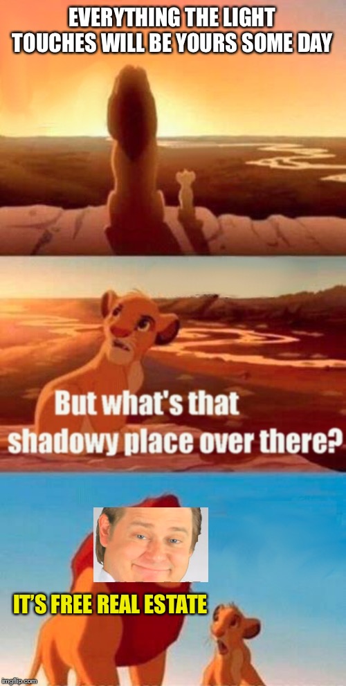 Simba Shadowy Place | EVERYTHING THE LIGHT TOUCHES WILL BE YOURS SOME DAY; IT’S FREE REAL ESTATE | image tagged in memes,simba shadowy place | made w/ Imgflip meme maker