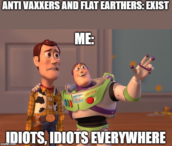 X, X Everywhere | ANTI VAXXERS AND FLAT EARTHERS: EXIST; ME:; IDIOTS, IDIOTS EVERYWHERE | image tagged in memes,x x everywhere | made w/ Imgflip meme maker