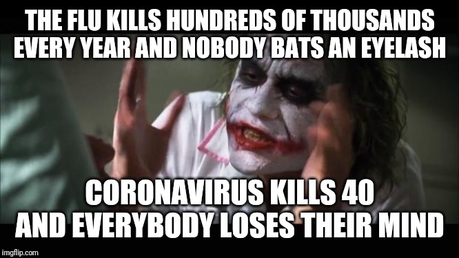 And everybody loses their minds | THE FLU KILLS HUNDREDS OF THOUSANDS EVERY YEAR AND NOBODY BATS AN EYELASH; CORONAVIRUS KILLS 40 AND EVERYBODY LOSES THEIR MIND | image tagged in memes,and everybody loses their minds | made w/ Imgflip meme maker