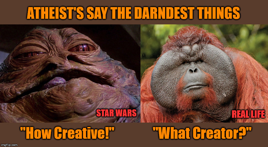 Jabba & Male Orangutan, in case you were wondering. | ATHEIST'S SAY THE DARNDEST THINGS; STAR WARS; REAL LIFE; "How Creative!"; "What Creator?" | image tagged in memes,atheism,creationism,reality | made w/ Imgflip meme maker