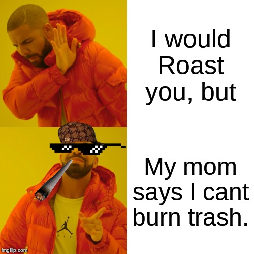 Drake Hotline Bling Meme | I would Roast you, but; My mom says I cant burn trash. | image tagged in memes,drake hotline bling | made w/ Imgflip meme maker