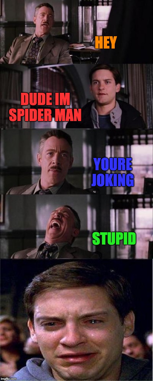 Peter Parker Cry Meme | HEY; DUDE IM SPIDER MAN; YOURE JOKING; STUPID | image tagged in memes,peter parker cry | made w/ Imgflip meme maker