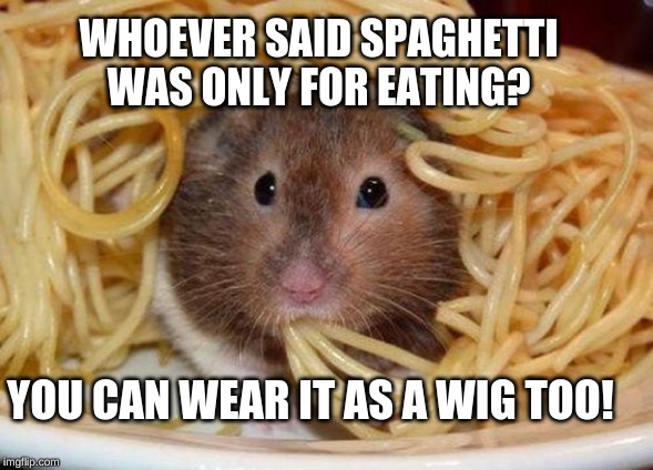Spaghetti | WHOEVER SAID SPAGHETTI WAS ONLY FOR EATING? YOU CAN WEAR IT AS A WIG TOO! | image tagged in spaghetti | made w/ Imgflip meme maker