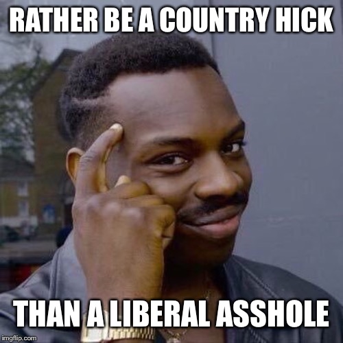 Thinking Black Guy | RATHER BE A COUNTRY HICK THAN A LIBERAL ASSHOLE | image tagged in thinking black guy | made w/ Imgflip meme maker