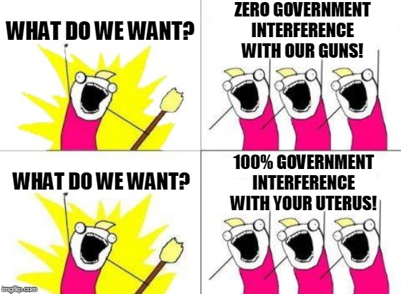 We must protect the fetus, so once it's born we have the tools to shoot it stone dead for no reason. Yes, that's pro-life. | ZERO GOVERNMENT INTERFERENCE WITH OUR GUNS! WHAT DO WE WANT? 100% GOVERNMENT INTERFERENCE WITH YOUR UTERUS! WHAT DO WE WANT? | image tagged in memes,what do we want,government,guns,women's rights | made w/ Imgflip meme maker