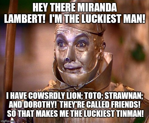 Luckiest Tinman! | HEY THERE MIRANDA LAMBERT!  I'M THE LUCKIEST MAN! I HAVE COWSRDLY LION; TOTO; STRAWNAN; AND DOROTHY!  THEY'RE CALLED FRIENDS!  SO THAT MAKES ME THE LUCKIEST TINMAN! | image tagged in tinman,miranda,country music | made w/ Imgflip meme maker