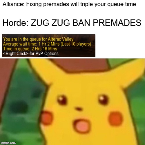 Surprised Pikachu Meme | Alliance: Fixing premades will triple your queue time; Horde: ZUG ZUG BAN PREMADES | image tagged in memes,surprised pikachu | made w/ Imgflip meme maker