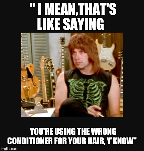 Nigel's words of wisdom... | " I MEAN,THAT'S LIKE SAYING; YOU'RE USING THE WRONG CONDITIONER FOR YOUR HAIR, Y'KNOW" | image tagged in nigel tufnel- lead guitar | made w/ Imgflip meme maker
