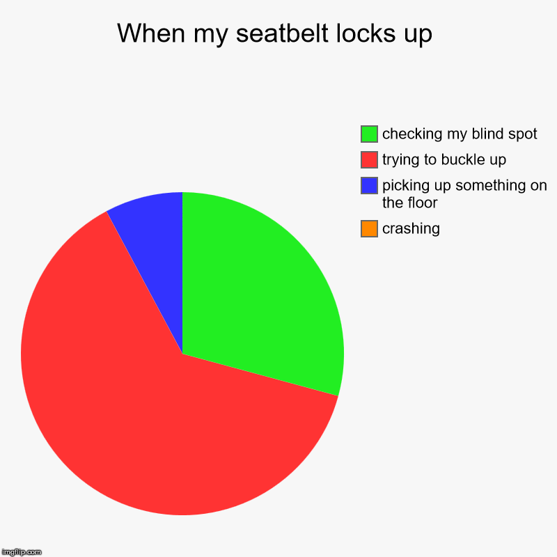 Superior engineering | When my seatbelt locks up | crashing, picking up something on the floor, trying to buckle up, checking my blind spot | image tagged in charts,pie charts,safety,seatbelt | made w/ Imgflip chart maker