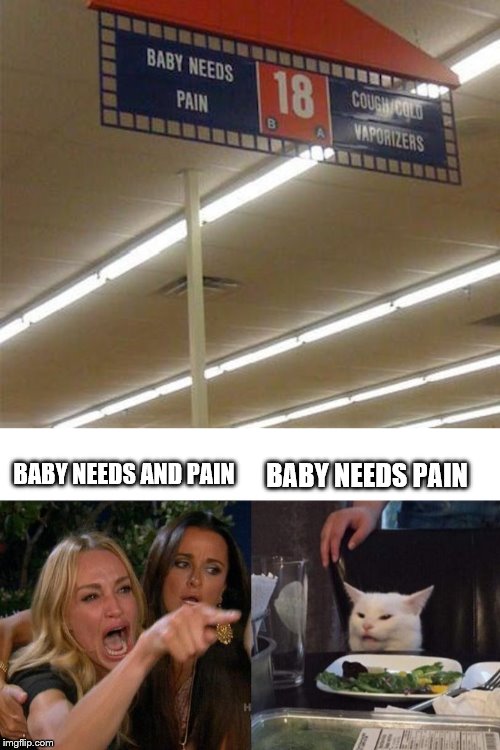 Is this child abuse | BABY NEEDS PAIN; BABY NEEDS AND PAIN | image tagged in memes,woman yelling at cat,baby,pain,stupid signs | made w/ Imgflip meme maker