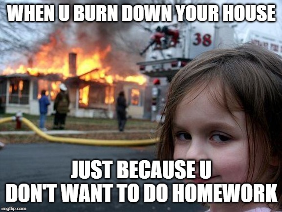 Disaster Girl | WHEN U BURN DOWN YOUR HOUSE; JUST BECAUSE U DON'T WANT TO DO HOMEWORK | image tagged in memes,disaster girl | made w/ Imgflip meme maker