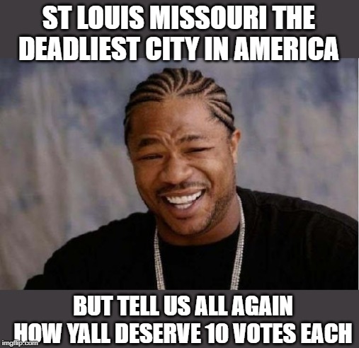 Amend the constitution and do away with the electoral college, its time. | ST LOUIS MISSOURI THE DEADLIEST CITY IN AMERICA; BUT TELL US ALL AGAIN HOW YALL DESERVE 10 VOTES EACH | image tagged in memes,yo dawg heard you,politics,electoral college,change my mind | made w/ Imgflip meme maker