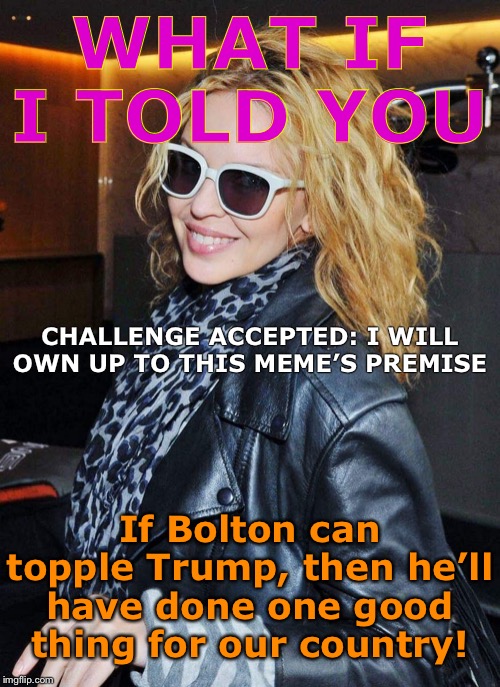 When you just roll with the right-wing meme’s premise about Democrats because in this case it’s no problem | WHAT IF I TOLD YOU; CHALLENGE ACCEPTED: I WILL OWN UP TO THIS MEME’S PREMISE; If Bolton can topple Trump, then he’ll have done one good thing for our country! | image tagged in kylie morpheus,democrats,trump impeachment,impeach trump,politics lol,impeachment | made w/ Imgflip meme maker