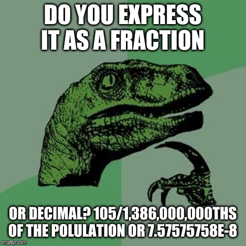 Philosoraptor Meme | DO YOU EXPRESS IT AS A FRACTION OR DECIMAL? 105/1,386,000,000THS OF THE POLULATION OR 7.57575758E-8 | image tagged in memes,philosoraptor | made w/ Imgflip meme maker