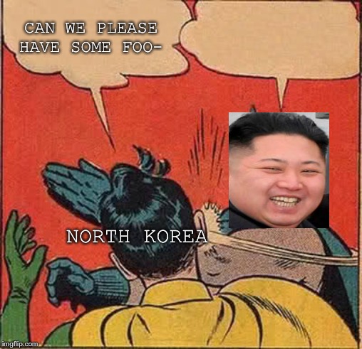 Batman Slapping Robin Meme | CAN WE PLEASE HAVE SOME FOO-; NORTH KOREA | image tagged in memes,batman slapping robin | made w/ Imgflip meme maker