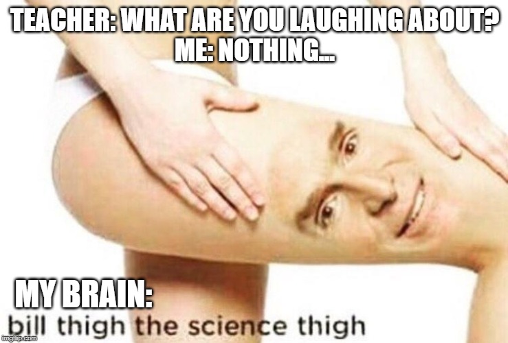 Bill Thigh the Science Thigh | TEACHER: WHAT ARE YOU LAUGHING ABOUT?
ME: NOTHING... MY BRAIN: | image tagged in bill nye the science guy | made w/ Imgflip meme maker