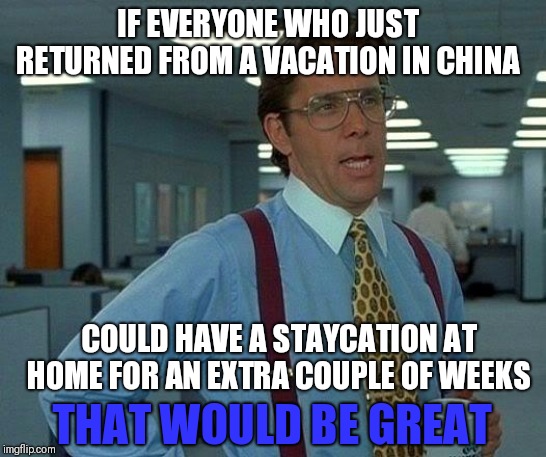 A Coronavirus Staycation | IF EVERYONE WHO JUST RETURNED FROM A VACATION IN CHINA; COULD HAVE A STAYCATION AT HOME FOR AN EXTRA COUPLE OF WEEKS; THAT WOULD BE GREAT | image tagged in memes,that would be great,coronavirus | made w/ Imgflip meme maker