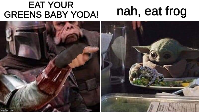 Mandalorian Yelling at Baby Yoda | EAT YOUR GREENS BABY YODA! nah, eat frog | image tagged in mandalorian yelling at baby yoda | made w/ Imgflip meme maker