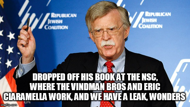 John Bolton | DROPPED OFF HIS BOOK AT THE NSC, WHERE THE VINDMAN BROS AND ERIC CIARAMELLA WORK, AND WE HAVE A LEAK, WONDERS | image tagged in john bolton | made w/ Imgflip meme maker