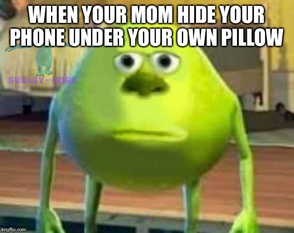 Monsters Inc |  WHEN YOUR MOM HIDE YOUR PHONE UNDER YOUR OWN PILLOW | image tagged in monsters inc | made w/ Imgflip meme maker