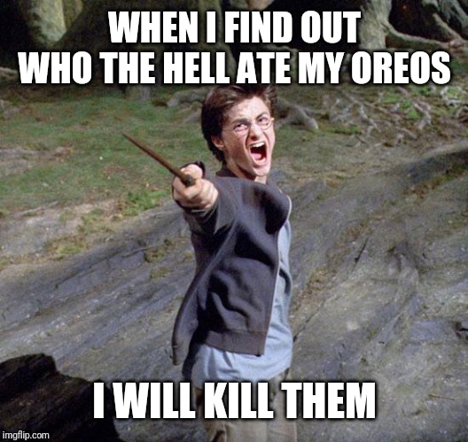 Harry potter | WHEN I FIND OUT WHO THE HELL ATE MY OREOS; I WILL KILL THEM | image tagged in harry potter | made w/ Imgflip meme maker