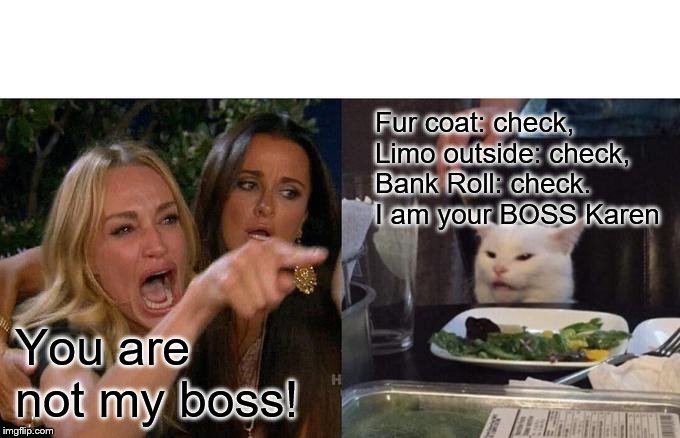 Woman Yelling At Cat | Fur coat: check, Limo outside: check, Bank Roll: check. I am your BOSS Karen; You are not my boss! | image tagged in memes,woman yelling at cat | made w/ Imgflip meme maker