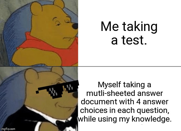 Tuxedo Winnie The Pooh | Me taking a test. Myself taking a mutli-sheeted answer document with 4 answer choices in each question, while using my knowledge. | image tagged in memes,tuxedo winnie the pooh | made w/ Imgflip meme maker