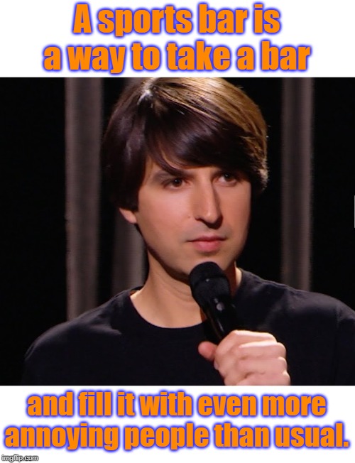 Demetri Martin | A sports bar is a way to take a bar; and fill it with even more annoying people than usual. | image tagged in sports | made w/ Imgflip meme maker