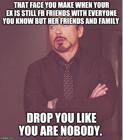 Face You Make Robert Downey Jr Meme | THAT FACE YOU MAKE WHEN YOUR EX IS STILL FB FRIENDS WITH EVERYONE YOU KNOW BUT HER FRIENDS AND FAMILY; DROP YOU LIKE YOU ARE NOBODY. | image tagged in memes,face you make robert downey jr | made w/ Imgflip meme maker