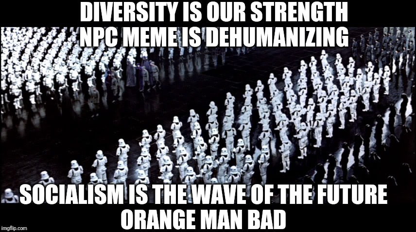 imperial Storm Troopers | DIVERSITY IS OUR STRENGTH
NPC MEME IS DEHUMANIZING; SOCIALISM IS THE WAVE OF THE FUTURE
ORANGE MAN BAD | image tagged in imperial storm troopers | made w/ Imgflip meme maker