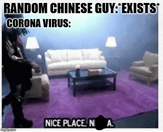 Nice place nigga | RANDOM CHINESE GUY:*EXISTS*; CORONA VIRUS: | image tagged in nice place nigga | made w/ Imgflip meme maker
