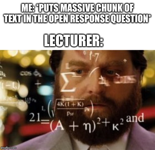 Trying to calculate how much sleep I can get | ME: *PUTS MASSIVE CHUNK OF TEXT IN THE OPEN RESPONSE QUESTION*; LECTURER: | image tagged in trying to calculate how much sleep i can get | made w/ Imgflip meme maker