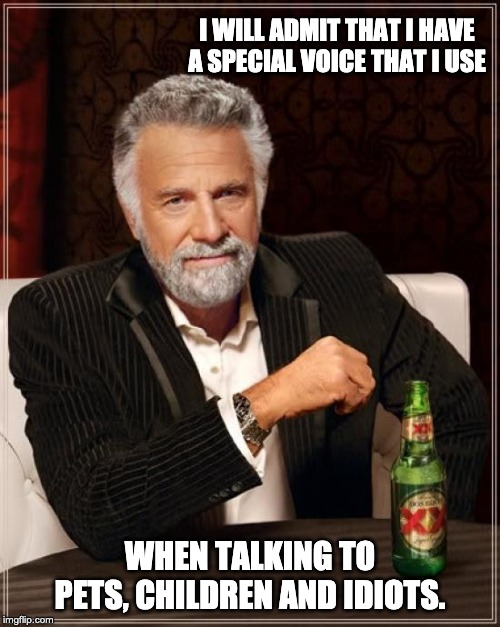 The Most Interesting Man In The World | I WILL ADMIT THAT I HAVE A SPECIAL VOICE THAT I USE; WHEN TALKING TO PETS, CHILDREN AND IDIOTS. | image tagged in memes,the most interesting man in the world | made w/ Imgflip meme maker