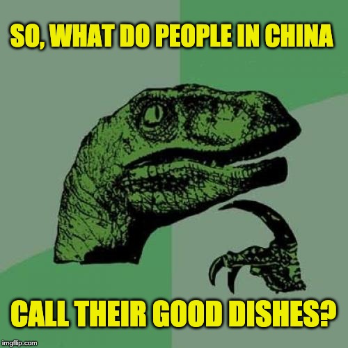 Philosoraptor | SO, WHAT DO PEOPLE IN CHINA; CALL THEIR GOOD DISHES? | image tagged in memes,philosoraptor | made w/ Imgflip meme maker