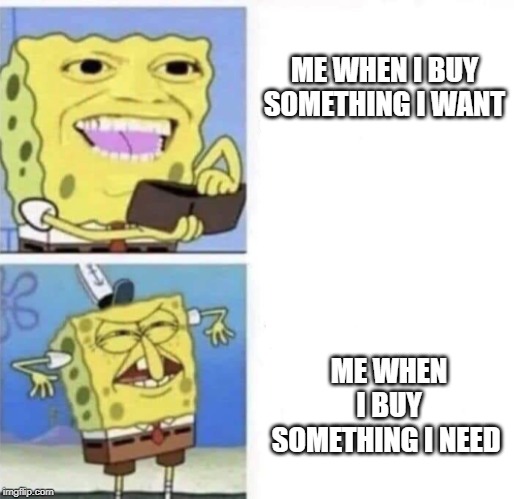 Spongebob wallet | ME WHEN I BUY SOMETHING I WANT; ME WHEN I BUY SOMETHING I NEED | image tagged in spongebob wallet | made w/ Imgflip meme maker