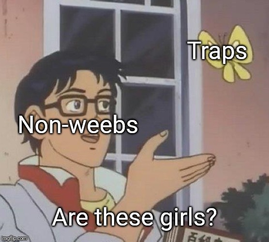 Is This A Pigeon Meme | Traps; Non-weebs; Are these girls? | image tagged in memes,is this a pigeon | made w/ Imgflip meme maker