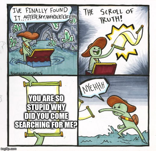 The Scroll Of Truth | AFTER MY WHOLE LIFE!!! YOU ARE SO STUPID WHY DID YOU COME SEARCHING FOR ME? | image tagged in memes,the scroll of truth | made w/ Imgflip meme maker