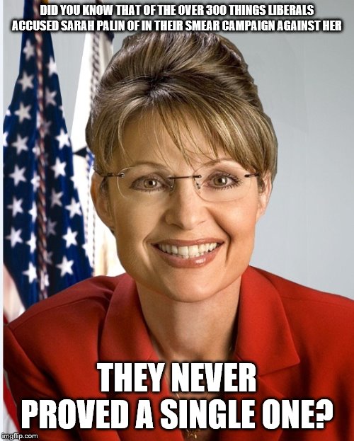 Sarah Palin official | DID YOU KNOW THAT OF THE OVER 300 THINGS LIBERALS ACCUSED SARAH PALIN OF IN THEIR SMEAR CAMPAIGN AGAINST HER; THEY NEVER PROVED A SINGLE ONE? | image tagged in sarah palin official | made w/ Imgflip meme maker