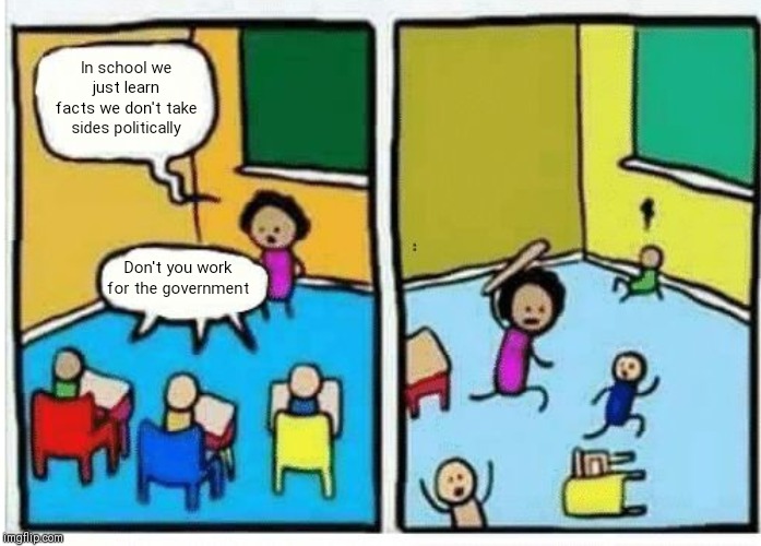 Angry teacher | In school we just learn facts we don't take sides politically; Don't you work for the government | image tagged in angry teacher | made w/ Imgflip meme maker