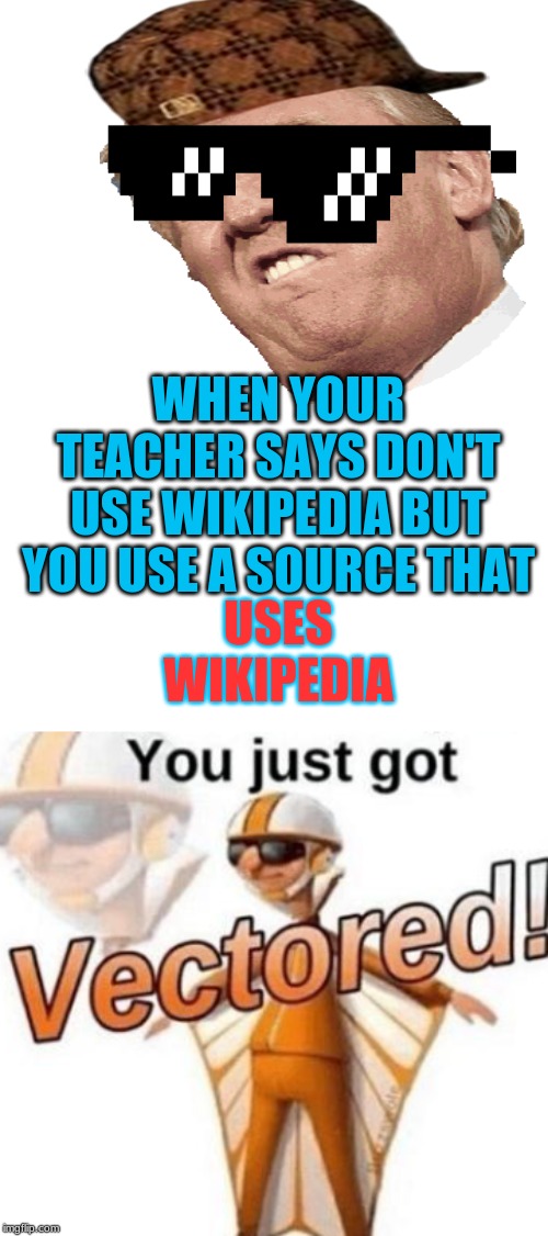 Wikipedia loophole | WHEN YOUR TEACHER SAYS DON'T USE WIKIPEDIA BUT YOU USE A SOURCE THAT; USES WIKIPEDIA | image tagged in blank white template,you just got vectored,dank memes | made w/ Imgflip meme maker