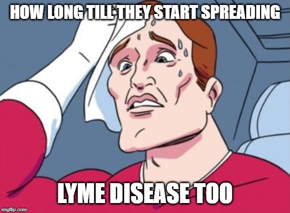 Nervous Sweating | HOW LONG TILL THEY START SPREADING LYME DISEASE TOO | image tagged in nervous sweating | made w/ Imgflip meme maker