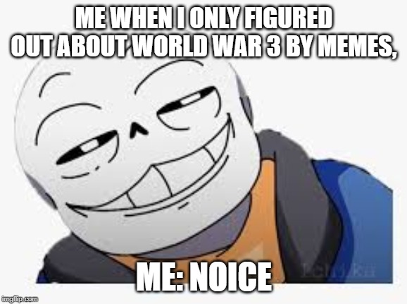 ME WHEN I ONLY FIGURED OUT ABOUT WORLD WAR 3 BY MEMES, ME: NOICE | made w/ Imgflip meme maker