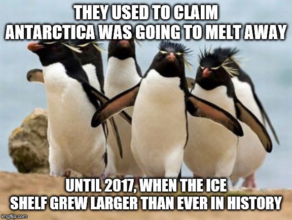 Penguin Gang Meme | THEY USED TO CLAIM ANTARCTICA WAS GOING TO MELT AWAY UNTIL 2017, WHEN THE ICE SHELF GREW LARGER THAN EVER IN HISTORY | image tagged in memes,penguin gang | made w/ Imgflip meme maker