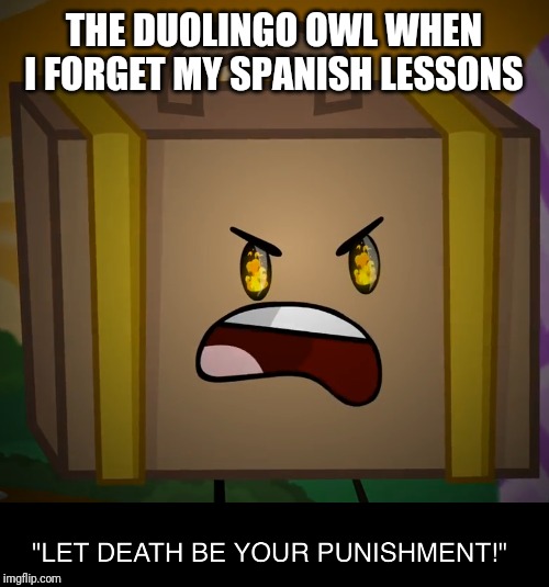 Death, Let Death Be Your Punishment! | THE DUOLINGO OWL WHEN I FORGET MY SPANISH LESSONS | image tagged in death let death be your punishment | made w/ Imgflip meme maker