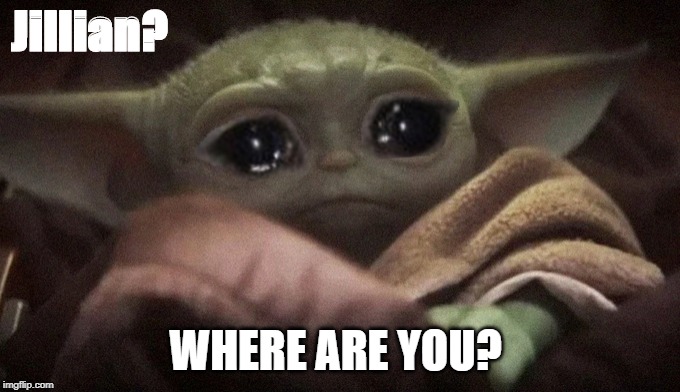 Crying Baby Yoda | Jillian? WHERE ARE YOU? | image tagged in crying baby yoda | made w/ Imgflip meme maker