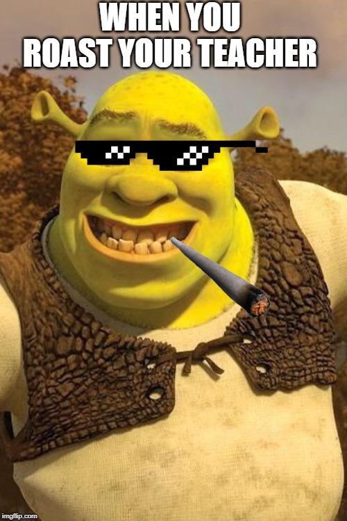 Smiling Shrek | WHEN YOU ROAST YOUR TEACHER | image tagged in smiling shrek | made w/ Imgflip meme maker