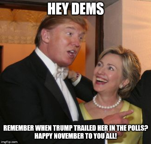 Here's a fact for you... | HEY DEMS; REMEMBER WHEN TRUMP TRAILED HER IN THE POLLS?
HAPPY NOVEMBER TO YOU ALL! | image tagged in hillary trump,polls,trump 2020,hillary clinton 2016,hillary clinton,president trump | made w/ Imgflip meme maker